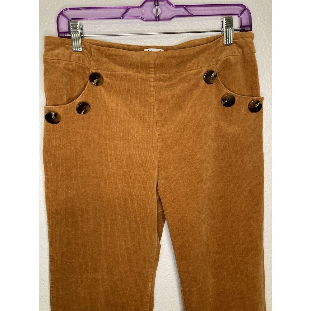 Corduroy Boho Hippie Pants Women's L Brown 70s Retro Flare Mid Rise Pull On TCEC - Picture 2 of 10